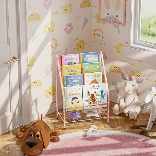JAQ Bookshelf for Toddlers, 4-Tier Metal Kids Bookshelves Rack with Toy Storage Organizer in Bedroom Study Room Playrooms Nursery for Infants Baby Young Children (4-Tier/ 24.92 inch, Pink) - 4-tier/Pink thumbnail 5