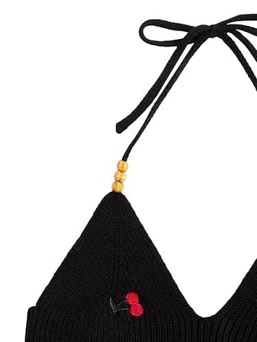Verdusa Women's Y2k Halter Tops Gothic Clothes Summer Going Out Tops Crochet Cami Tie Boho Cowgirl Outfits - Medium - Cherry Black thumbnail 3
