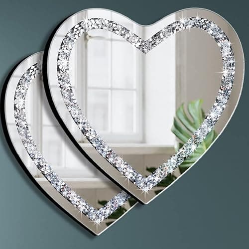 DMDFIRST Heart Shaped Silver Glass Mirror 2 Pack 12x12inch Crystal Crush Diamond Decor Chain Mirror for Wall Decoration - Image 1