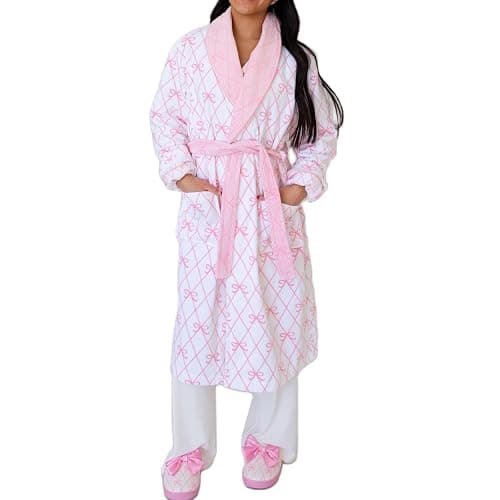 Muineobuka Women Cute Bow Fuzzy Robe Y2K Christmas Hooded Bathrobe Collared Plush Fleece Robe With Belt Xmas Loungewear - Image 1