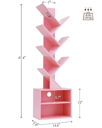 SUNMORY 6 Tier Tree Bookshelf, Tall Bookcase with Storage Cabinet, Modern Narrow Bookshelves Organizer, Floor Standing Book Shelf for Bedroom/Living Room/Home Office/Corner, Pink thumbnail 2