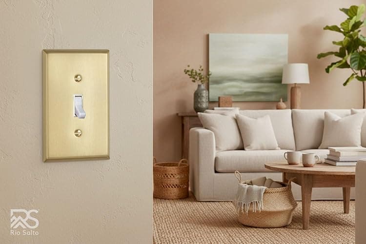 Rio Salto Toggle Light Switch Cover Plate MIDSIZE BRASS Outlet Covers Single Toggle Switch Plate Flip Switch 1 Gang Brushed Brass Gold Metal Decorative Wall Plates — Signature Collection 4.94" X 3.13" thumbnail 2