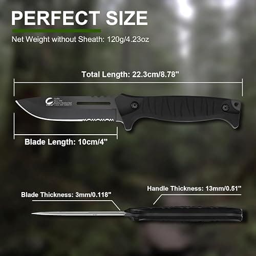 CuCut Full Tang Fixed Blade Knife with Sheath - 4-inch Carbon Steel Blade, Black Non-Stick Finish with Serrated Edge, PP Handle Camping Knife for Outdoor, Survival, Hiking thumbnail 3