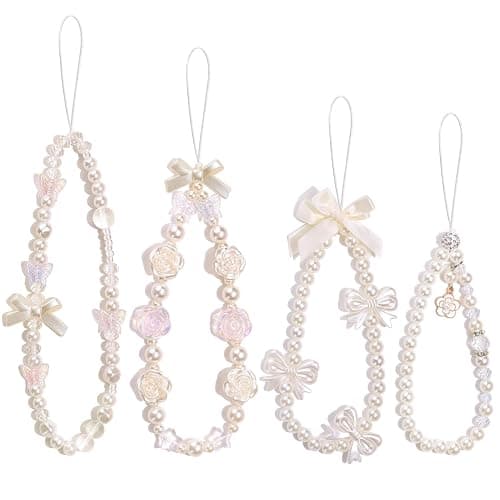 4 PCS Cute Phone Charms Aesthetic Y2K Cellphone Wrist Strap Bedazzling Flower Bow Butterfly Accessories ABS Imitation Pearl Beaded Anti-Theft Chain String for Bag Keychain Airpods Camera Decor - Image 1