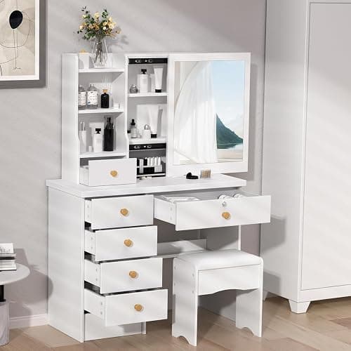 tekrabea Dressing Table with 6 Drawers, Vanity Desk with Mirror, Storage Shelves and Stool, Makeup Desk for Bedroom, Modern Makeup Table with Mirror and Chair, White thumbnail 8