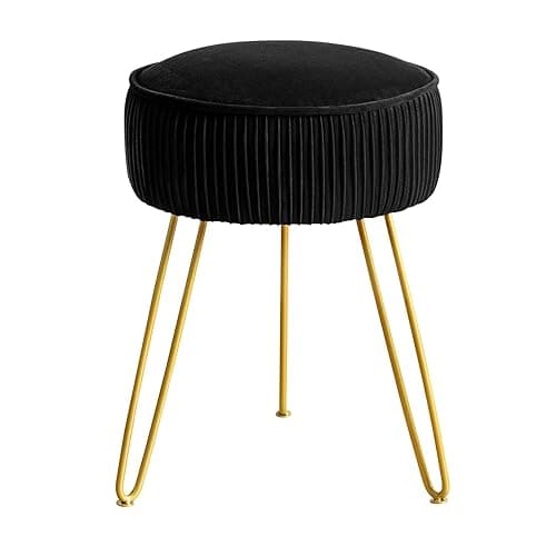 LUE BONA Pleated Vanity Stool, Velvet Upholstered Vanity Stool for Makeup Room, Ottoman Footrest with Metal Legs for Living Room, Bedroom, Black thumbnail 8