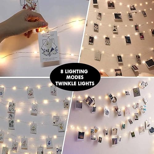 Photo Clips String Lights for Decor: USB Powered 40Ft 120LED 50 Clear Clips - Waterproof/8 Modes/Remote/Timer Fairy Light for Girls Bedroom Dorm Picture Hanging - Christmas Party Wedding Decorations - Warm White - 8 Modes USB Powered-120LED thumbnail 5