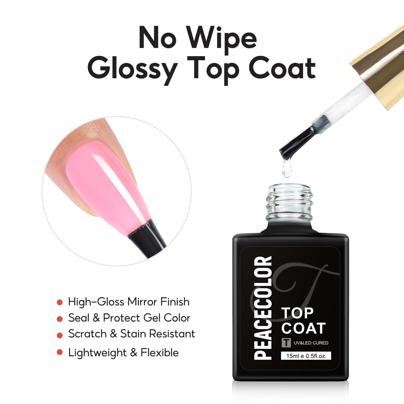PEACECOLOR No Wipe Top Coat - 15ML Top Coat for Gel Nail Polish Long Lasting Nail Studio DIY Home thumbnail 2