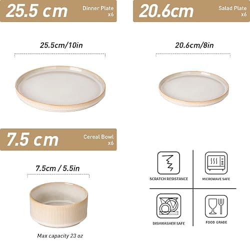 Richmount Star Dinnerware Sets, Plates and Bowls Set for 4, 12 Piece Dish Set, Ribbed, Cappuccino White thumbnail 3