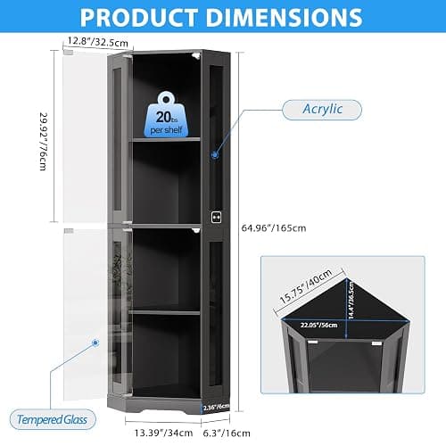 BROTTAR 65" Corner Glass Display Cabinet with LED Lights, 4-Tier Showcase Display Case with Glass Doors & Human Body Sensor for Collectibles, Liquor, Black thumbnail 2