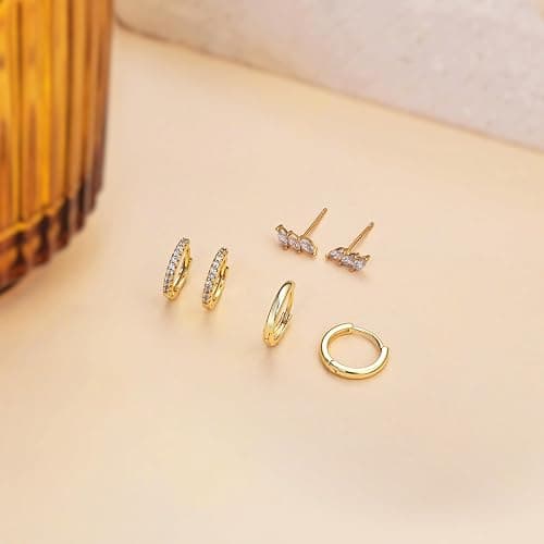 Freekiss 3 Pairs Gold Hoop Earrings Set: Dainty Stud Earrings Trendy Small 14K Gold Plated Hypoallergenic Dangle Cartilage Huggie Hoop Earrings for Women Gold Jewelry for Women Gifts thumbnail 3