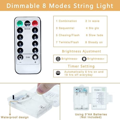 33FT Globe String Lights, 100 LED Fairy String Lights Battery Powered with Remote & Timer, 8 Lighting Modes Indoor/Outdoor Waterproof for Party Wedding, Christmas Decoration, Bedroom, Garden thumbnail 2