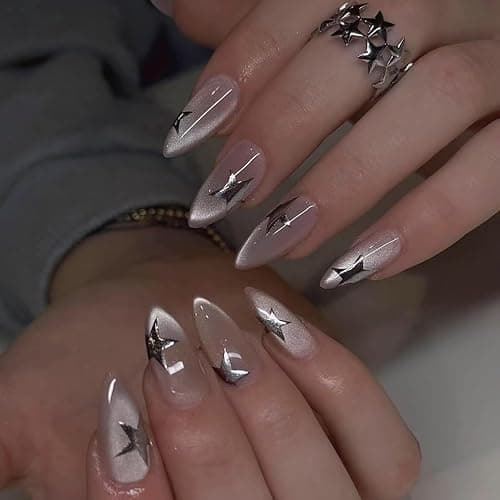 Mivota Medium Press on Nails Almond Cat Eye Nude Fake Nails Glossy Glue On Nails with 3D Silver Star Nail Art Designs, Decorative Thick Reusable Glossy Full Cover Stick on Nails for Women 24Pcs - Image 1