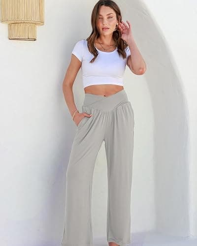 Kivdol 3 Pack Women's Wide Leg Pants Crossover with Pockets High Waist Loose Sweatpants Casual Lounge Yoga Workout Palazzo thumbnail 2