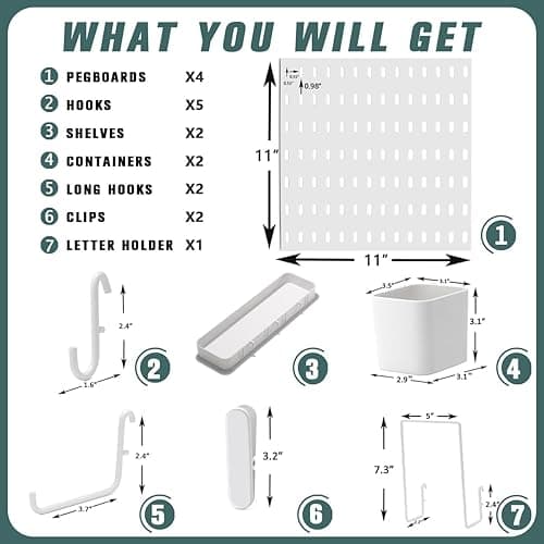 MULSAME Pegboard Combination Kit, Wall Mounted Storage Set with 4 Pegboards & 14 Accessories Hanging, White Peg Boards Organizer for Walls Display, Crafts Organization, Kitchen Organizer, 22" x 22" - White thumbnail 3