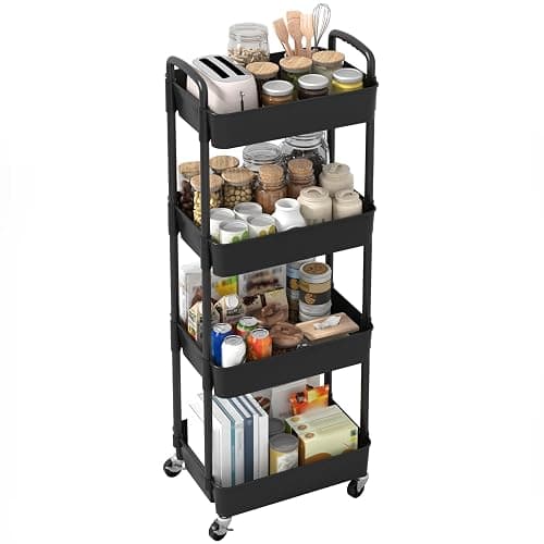 Sywhitta 4-Tier Plastic Rolling Utility Cart with Handle, Multi-Functional Storage Trolley for Office, Living Room, Kitchen, Movable Storage Organizer with Wheels, Black thumbnail 8