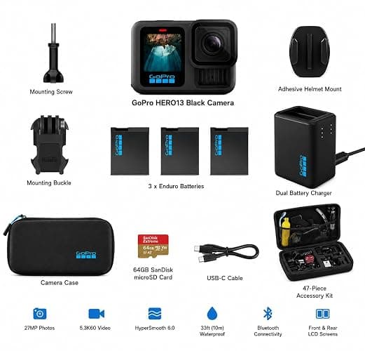 GoPro HERO13 Black Action Camera with 3 Enduro Batteries, Dual Charger, 64GB SD, 5.3K HDR Video, 27MP Photos, HyperSmooth Stabilization, Waterproof Design, 47-Piece Accessory Kit, 1-Year Warranty thumbnail 8