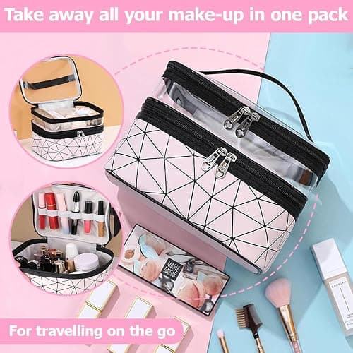 Double Layer Makeup Bag, Large Capacity Travel Cosmetic Bag, Waterproof Double Layer Makeup Bags, Portable Toiletry with Compartment Pink 23 x 17 x 16 cm thumbnail 6