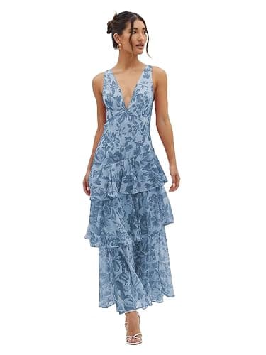 KNCERY Chiffon Floral Print Brideamiad Dresses for Women 2026 V Neck Long Tiered Ruffles Evening Party Gowns KN036 - Image 1