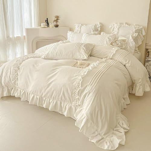 Sedefen Bettwäsche 135x200cm Weiß Rüschen Romantisch Bettbezug Uni Einfarbig Mädchen Rüschenbettwäsche Set Weich ÖKO-TEX Zertifiziert Mikrofaser Bettbezug mit Reißverschluss und 1 Kissenbezug 80x80cm thumbnail 4
