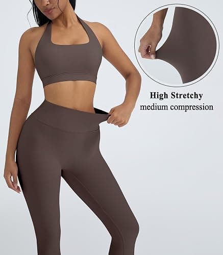 OMKAGI 2 Piece Workout Sets for Women Halter Sports Bras Gym Sets Booty Leggings Outfits (M,447-Purple) thumbnail 5