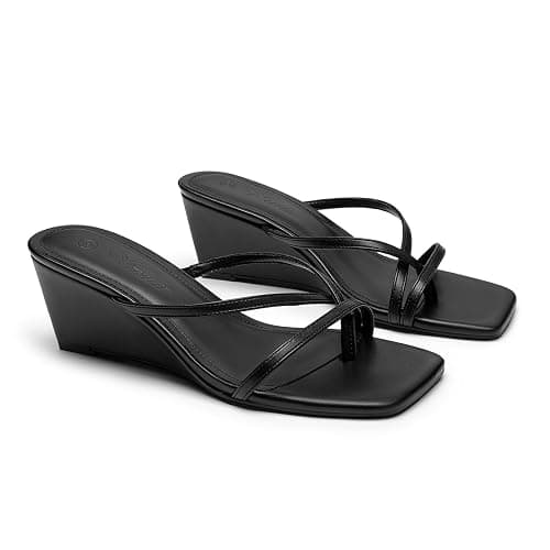 Athlefit Women's Dressy Summer Wedge Sandals Slip On Casual Strappy Thong Slides Cute Square Open Toe Flip Flop Heels thumbnail 6