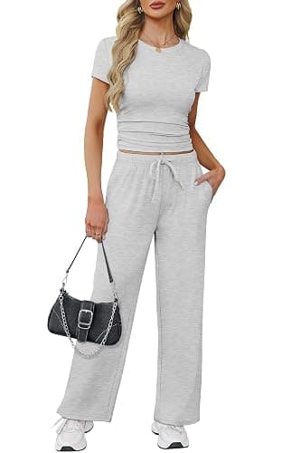 WIHOLL Lounge Sets for Women 2 Piece Vacation Outfits Short Sleeve Tops with Side Ruched Wide Leg Pants Matching Sets - Image 1