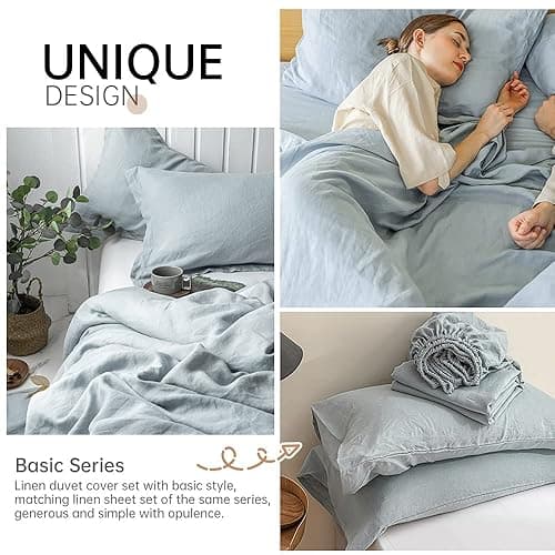 Simple&Opulence 100% Linen Duvet Cover Set 3pcs Basic Style Natural French Washed Flax Solid Color Soft Breathable Farmhouse Bedding with Button Closure - Dusty Blue, Queen - Queen - Dusty Blue thumbnail 5