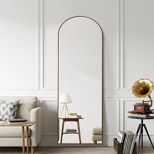 Arched 19x57 Inch Full Length Mirrors Aluminium Frame in Retro Reddish Brown Wood Looking Free Standing Floor Mirror Full Body Wall Mounted for Bedroom Living Room and Hallway thumbnail 7