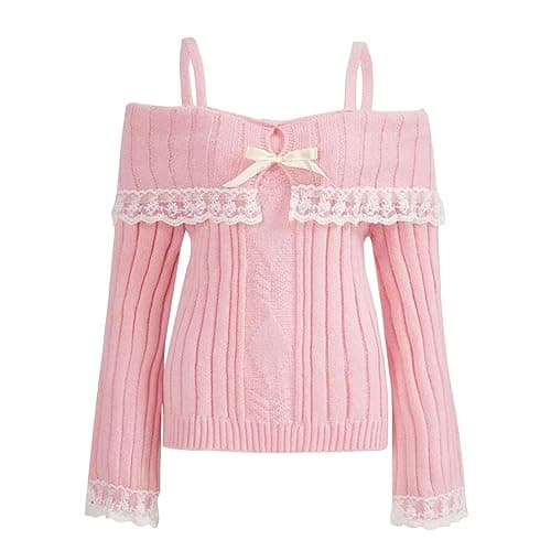 Women Y2K Off Shoulder Sweater Long Sleeve Lace Trim Open Back Straps Knitted Top Cute Pullover Jumper Crop Tops Shirt - Image 1