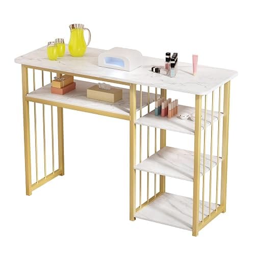 Zucebos Nail Desk with 3-Tier Shelves, Modern Manicure Table with Marble Top and Gold Frame, Nail Tech Desk for Beauty Salon Spa White - Image 1