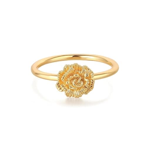 LADYGD Birth Flower Stacking Ring for Women | 14K Gold Plated Brass, 12 Engraved Floral Motifs, Slim Stack-Ready Band, Available in US Sizes 5-9 - Image 1