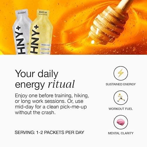 HNY+ Buzz Organic Honey Energy Gel with Electrolytes, Magnesium, Sea Salt, Potassium & Green Tea Caffeine, Gluten Free & Vegan, Workout Gels, for Gym, Running & Hiking, 50mg Caffeine, 12 Pack thumbnail 4