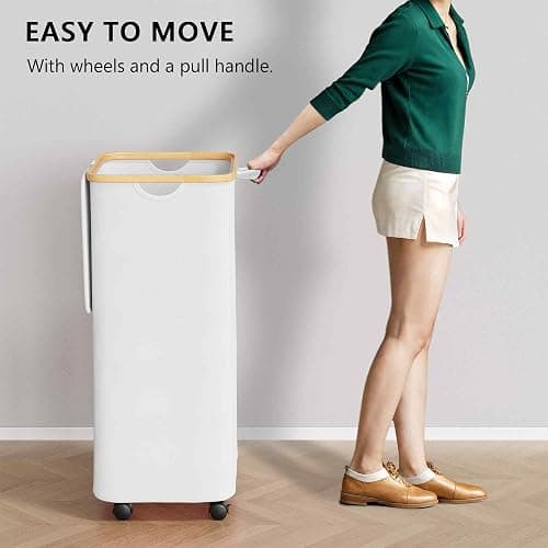 SUOCO Laundry Hamper on Wheels 100L, Clothes Basket with Lid and Bamboo Handles, Foldable Laundry Hamper for Bedroom, Bathroom, Dorm, Laundry Room - White thumbnail 4