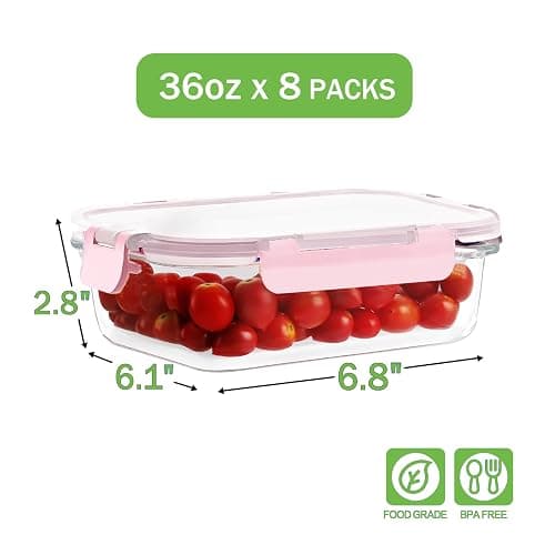 8 Pack 36oz Large Glass Meal Prep Containers with lids, Glass Food Storage Containers with Leak Proof Snap Lock Lids , Airtight Bento lunch Boxes, Kitchen Storage, Oven and Dishwasher Safe-Pink thumbnail 3