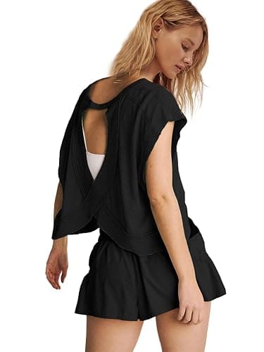 Panadila Womens Open Back Workout Top Oversized Workout T Shirts Backless Athletic Shirt Short Sleeve Baby Tee thumbnail 4
