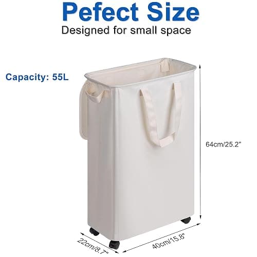 Vincona Slim Laundry Hamper with Lid and Wheels, Small Rolling Laundry Basket with Handle for Small Spaces, Tall Dirty Clothes Hampers for Dorm, Bathroom and Bedroom, 55L, Beige thumbnail 3