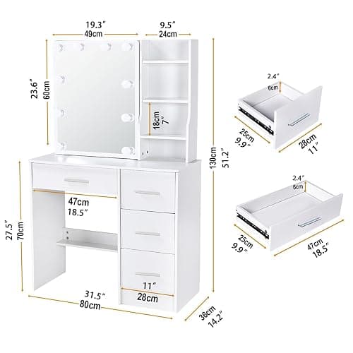 Teousev Vanity Desk with Lighting and Mirror,Small Vanity with 4 Drawers 6 Storage Shelves 3 Lighting Colors for Gilrs Vanity,White,31.5" L*14.2" W*51.2" H thumbnail 2