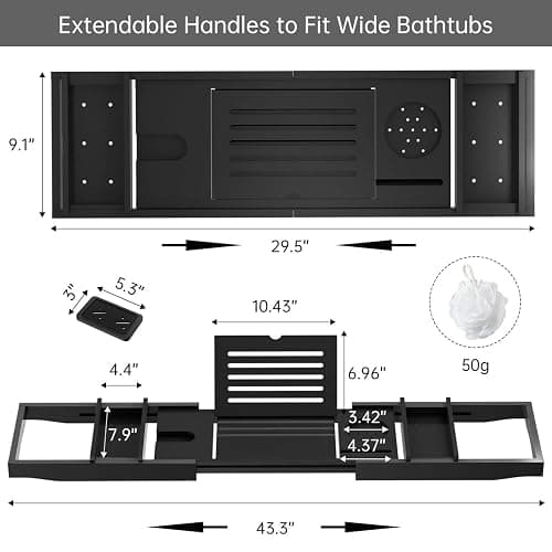 Bamboo Bathtub Tray for Luxury Bathroom, Expandable Premium Bath Tray w/Soap Towel Book Holder, Adjustable Bath Accessories for Tub,Extendable Tub Tray with Wine Glass Cup Organizer 29.5"-43.3" Black thumbnail 3
