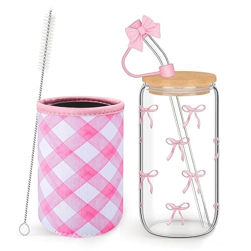 Mrltau 16 Oz Rosa Schleife Deko Glas Mit Deckel Und Strohhalm Und Bechermanschette, Iced Coffee Cup Aesthetic Stuff Clean Girl, Aesthetic Gläser Gift for Women, Summer Must Haves for Teen Girls - Image 1