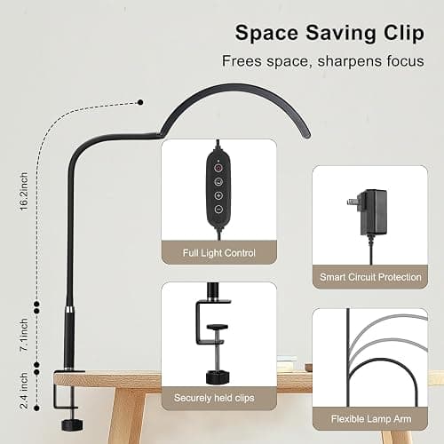 ZEKAHOV Professional Half Moon LED Desk Light for Nail Techs & Artists – Flexible Gooseneck Lamp with Clamp, 5 Color Modes & 5 Brightness Levels for Manicure, Tattoo, Beauty Work thumbnail 6
