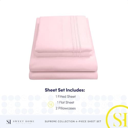 1800 Thread Count Sheet Set – Soft Egyptian Quality Brushed Microfiber Sheets – Luxury Bedding Set with Flat Sheet, Fitted Sheet, Pillow Cases, Queen, Pale Pink, Sheet Set thumbnail 4