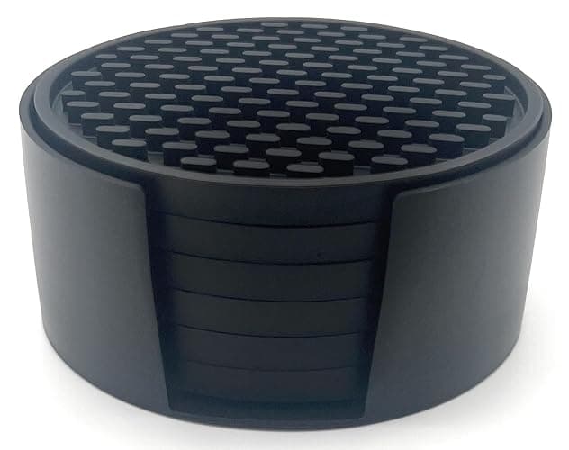 Happitasa 4.25 Inch Bar Mat Style Silicone Beverage Coasters, Set of 6 with Holder (Black) - Image 1