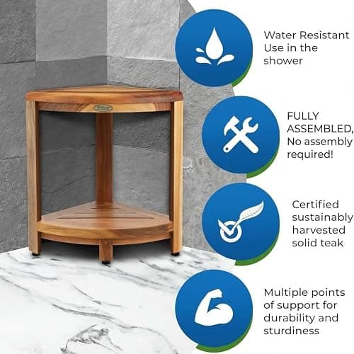 DecoTeak Teak Corner Shower Shelf – 2 Tier Waterproof Bathroom Storage Organizer Compact Wood Storage | Water-Resistant Design | Space Saver for Showers & Small Bathrooms | Shaving Foot Rest thumbnail 6