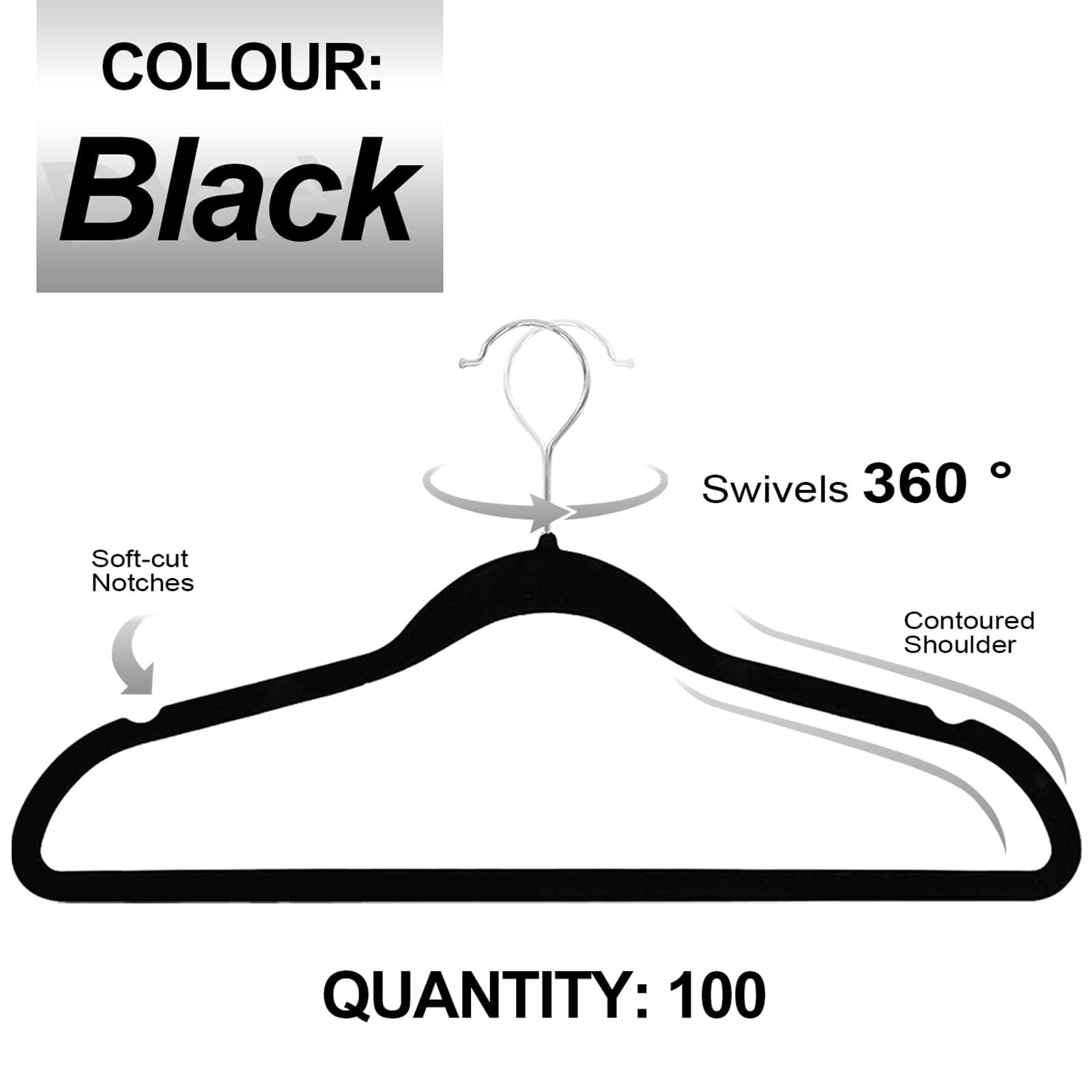 Coat Hangers Velvet 100-Pack Black with Silver Hooks, Non-Slip Hanger for Clothes, Camisole, Robes, Dress & Skirt, Top, Suit, Shirt & Pants, Jackets Coathangers thumbnail 4