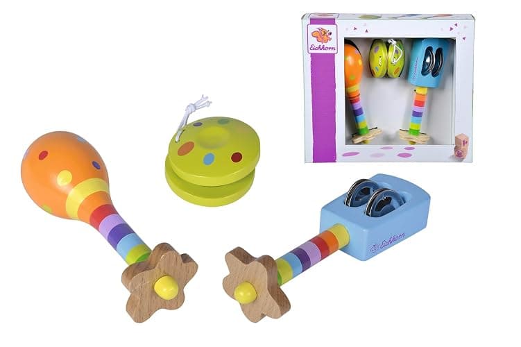 Eichhorn 100003484 Musik Set enthält Rassel, Maracas und Kastagnette, Bunte Musikinstrumente aus Holz, 3 teilig, ab einem Jahr thumbnail 7