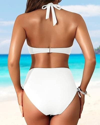 Women High Waisted Bikini Set - Two Piece Swimsuit Tummy Control Bathing Suit Halter Push Up 2025 Swimwear - White - XX-Large thumbnail 2