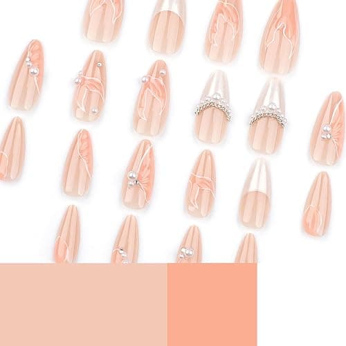 24Pcs Almond Press on Nails Medium Length 3D Fake Nails with Cute Mermaid Pearl Designs Charms Handmade Nail French Tip False Nails Press ons Summer Theme Stick on Nails for Women Manicure Decor thumbnail 4
