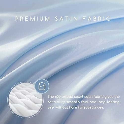 MR&HM Satin Bed Sheets, Queen Size Sheets Set, 4 Pcs Silky Bedding Set with 15 Inches Deep Pocket for Mattress (Queen, Light Blue) thumbnail 2