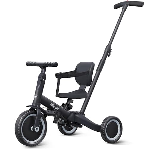 newyoo Toddler Bike, Tricycle w Push Handle for 1-3 Year Old, Birthday Gifts and Toys for Boy's and Girl's Birthday, Convertible 5 in 1 Baby Balance Bike, Kids Outdoor Riding Toys, Black, TR007 - Image 1